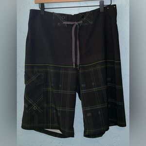Men's Ocean Current  Plaid Black and Green Board Shorts